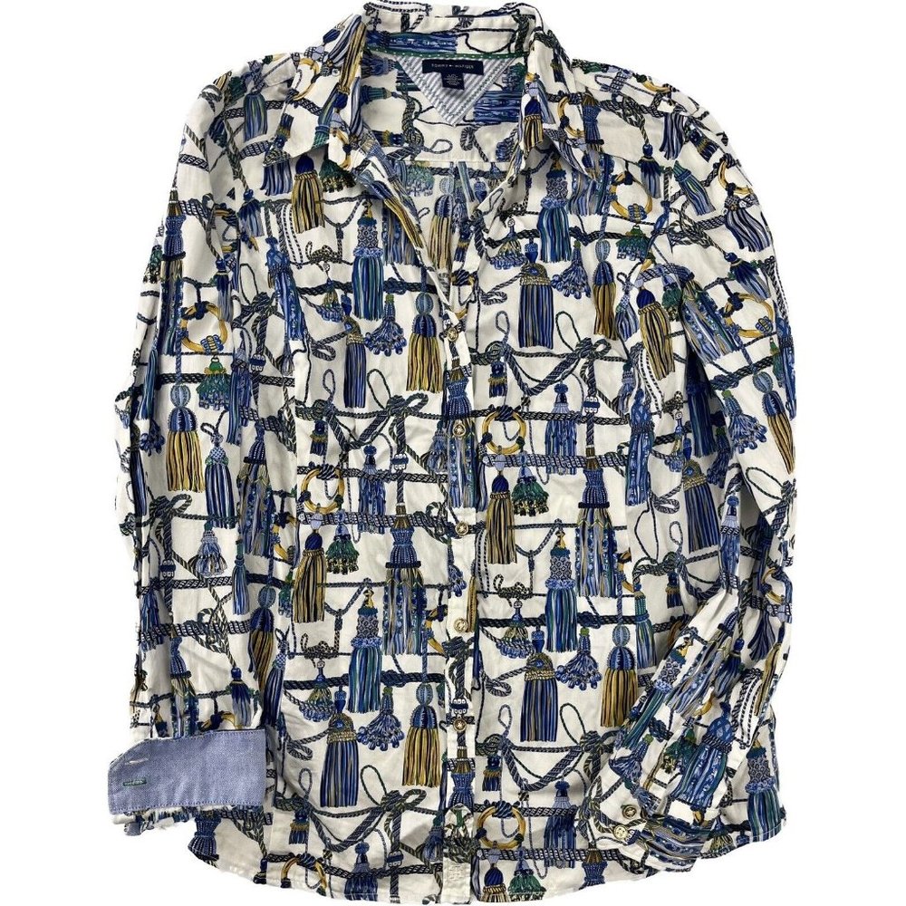 Tommy Hilfiger Shirt Womens Size Large Long Sleeve Tassel Print Button Front